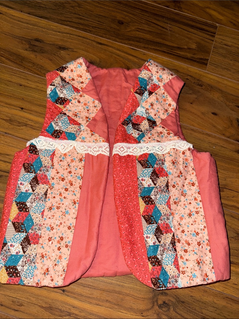 18-24m vintage handmade Patchwork Quilted Coral Vest with Multicolor Accents
